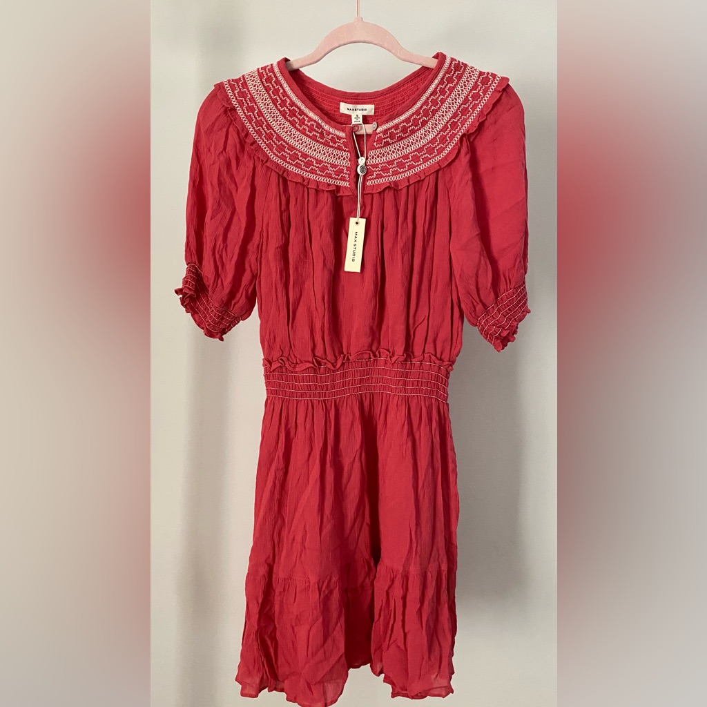 Max Studio Red Boho Dress With Embroidered Neckline